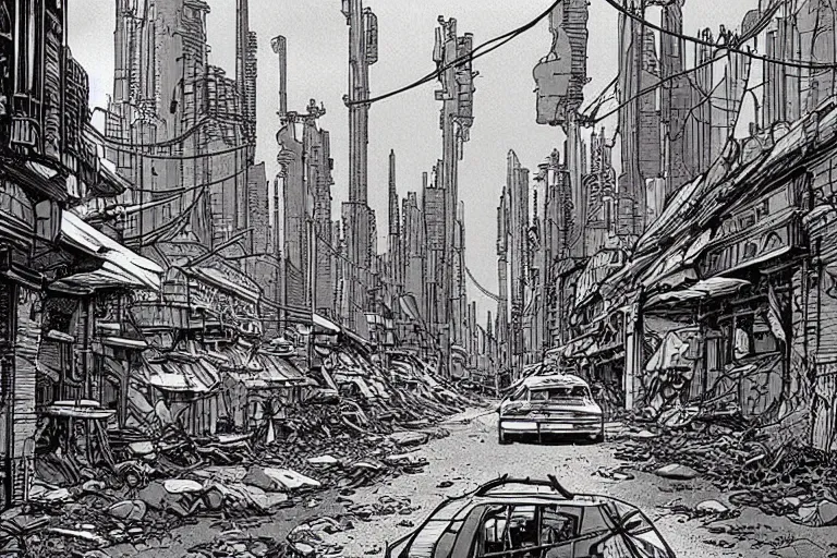Prompt: a post apocalyptic city street by Moebius