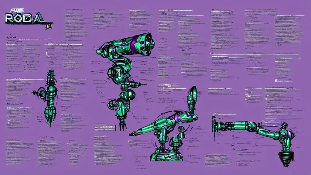 Image similar to A female robotic arm sci-fi prop reference sheet, bright purple and black, graffiti lettering, trending on artstation