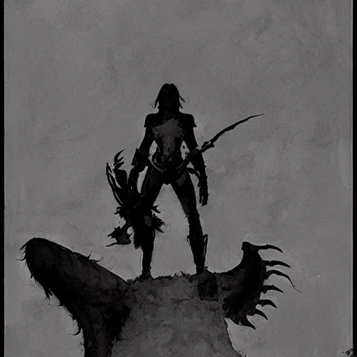 Image similar to warrior standing over dead dragon by jeffrey catherine jones