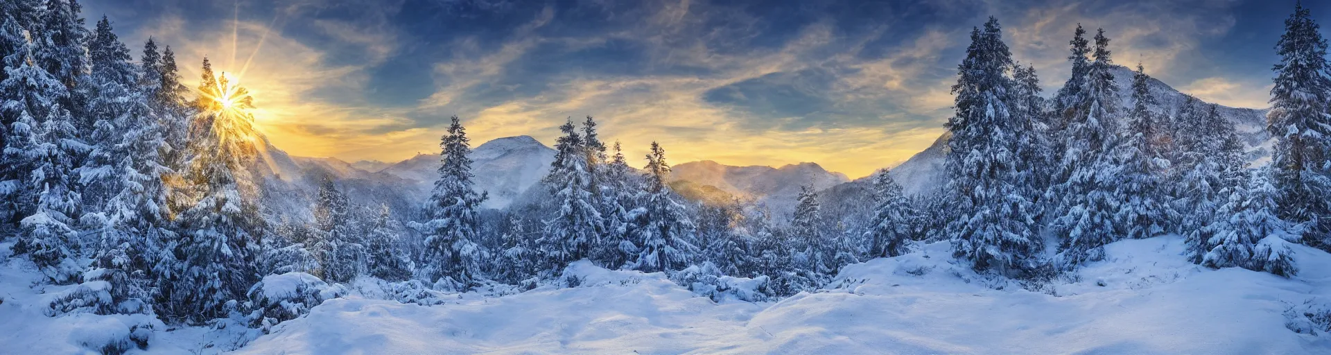 Prompt: beautiful snowy mountain landscape sunrise, art, high detail, high definition, photorealistic, hdr,