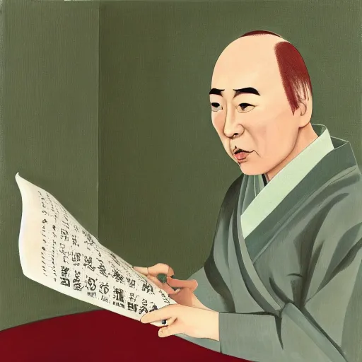 Image similar to painting of a japanese balding man with gray hair, holding a newspaper and looking up at his room with green hue