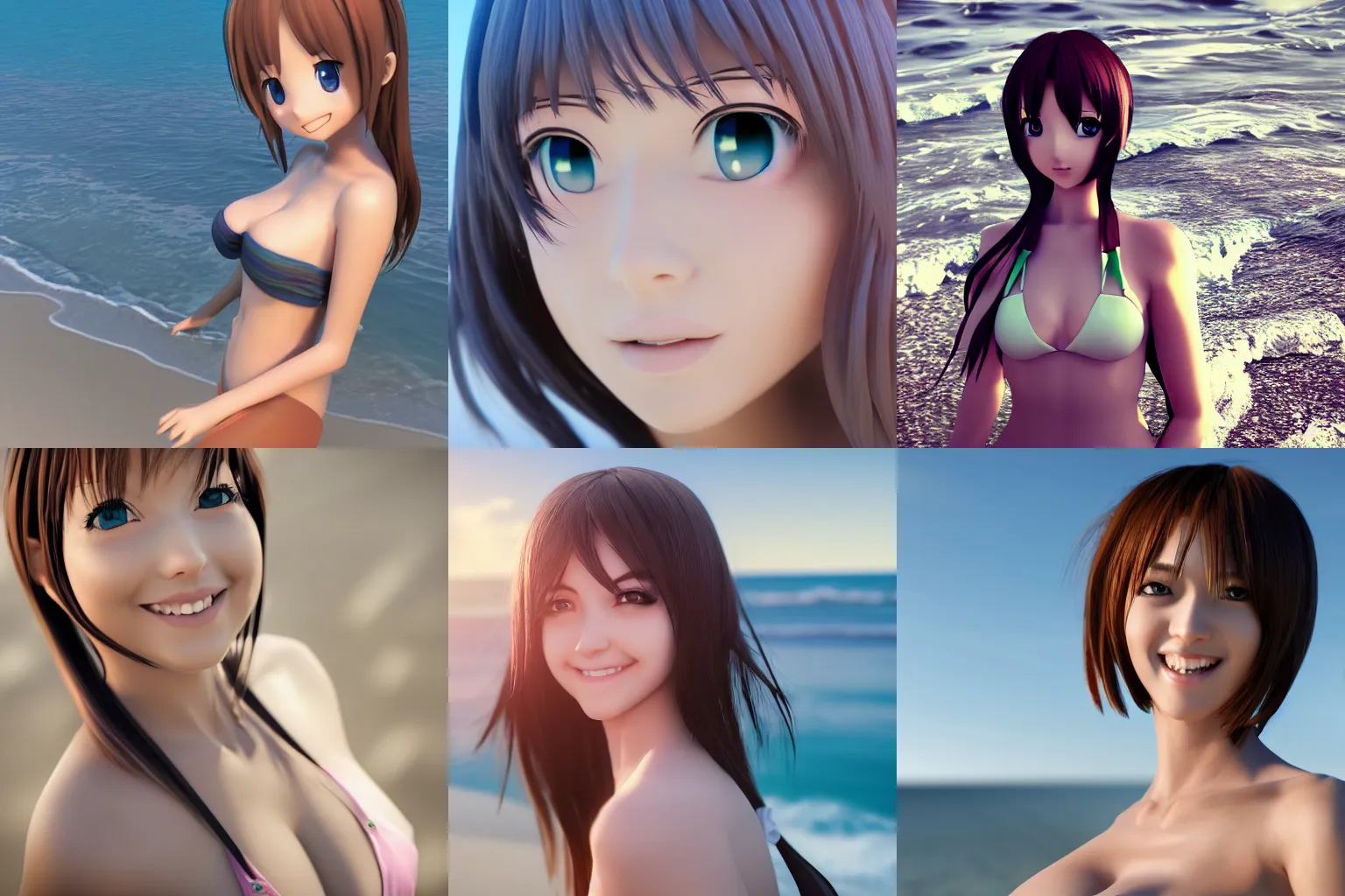 Prompt: anime girl 24yo fotoshoot on the beach gentle smile into the camera octane render