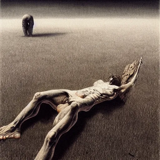 Image similar to dead giant lying on the ground, by Beksinski