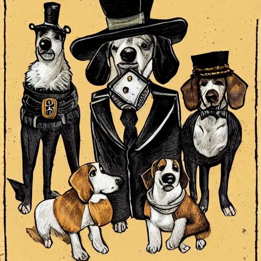 Prompt: portrait of a ragtag team of three dogs dressed as thieves in a dark haunted steampunk setting