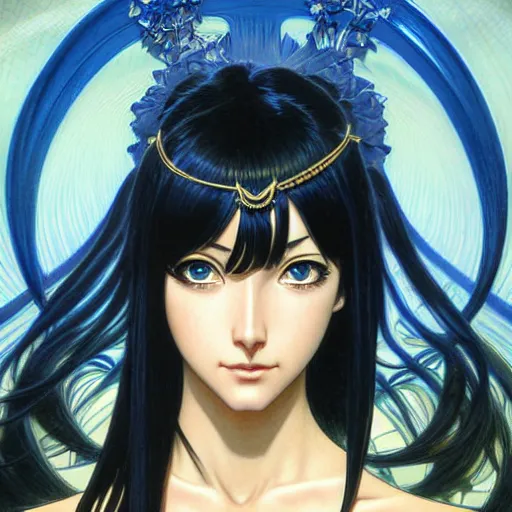 Image similar to intricately detailed vfx portrait of nico robin by eiichiro oda!, makoto shinkai, alphonse mucha, art by artgerm and greg rutkowski!, blue eyes!!, large aquiline nose!!, best of behance, concept art, matte, sharp focus, adolphe bouguereau, annie leibovitz, stanley kubrick,