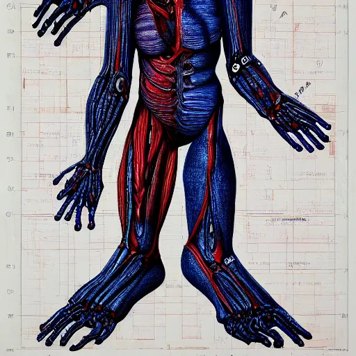 Image similar to anatomically correct diagram of 3 legged alien, h. r. giger, red and blue, 8 feet fall