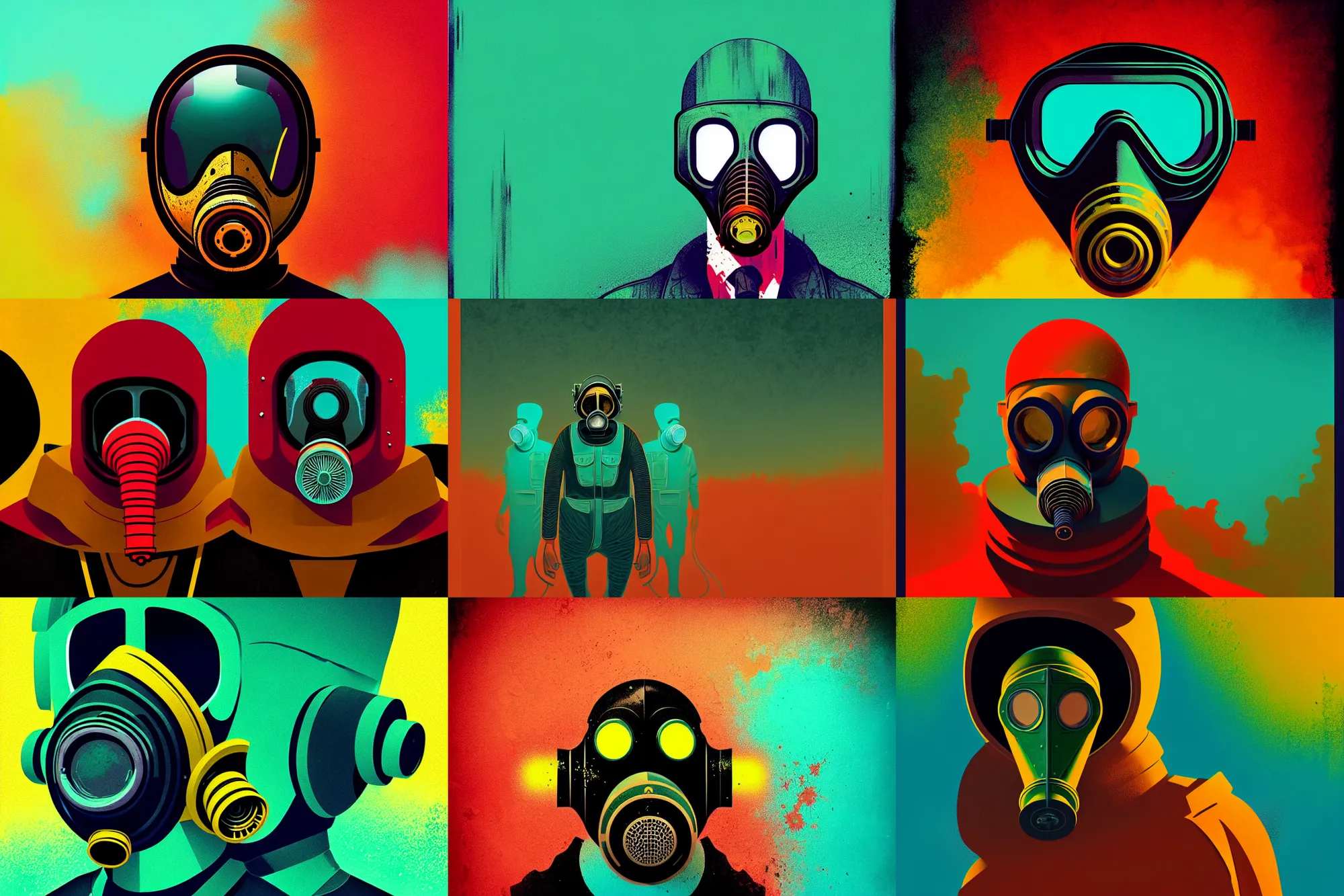 Prompt: ( ( dither ) ), editorial illustration gas mask meltdown, modern art deco, colorful, ( ( mads berg ) ), christopher balaskas, victo ngairich grainy texture, detailed, dynamic composition, wide angle