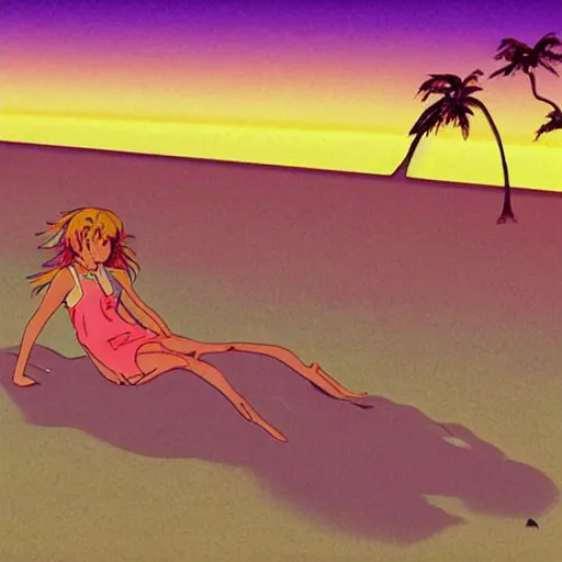 Prompt: girl laying in the sand next to ocean in sunset, sprite, vaporwave nostalgia, directed by beat takeshi, visual novel cg, 8 0 s anime vibe, kimagure orange road, maison ikkoku, initial d, sketch by osamu tezuka, directed by hideki anno