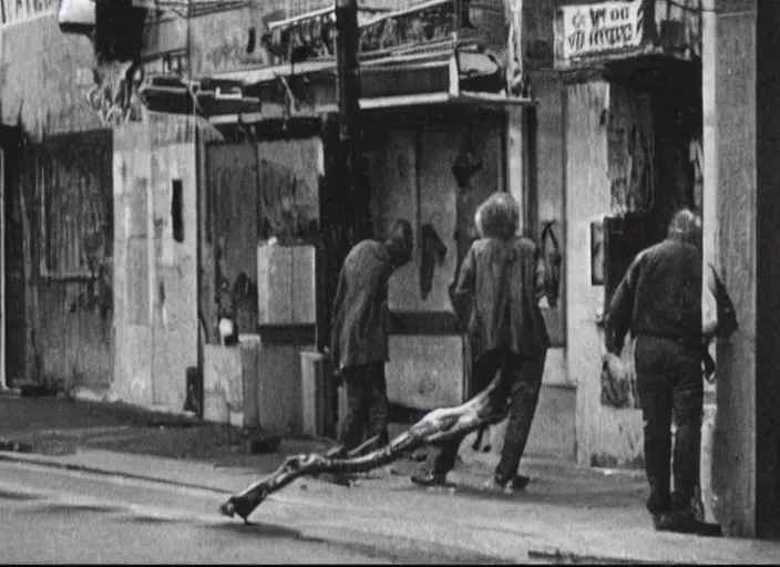 Prompt: disturbing security cam footage of a human corpse walking on the street horror practical fx by david cronenberg and sam reimi