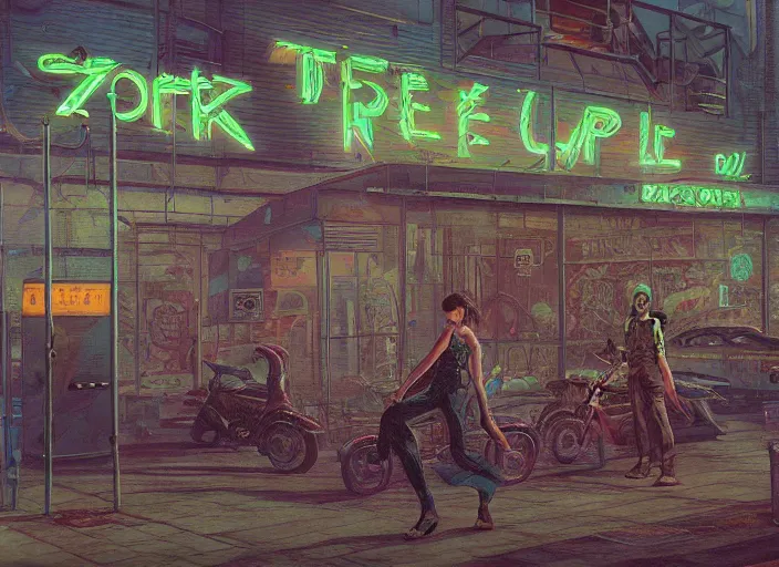 Image similar to reptile people exterior parking lot, cyberpunk neon, in the style of jeremy enecio, intricate, miles johnston, monet, cynical realism, john william godward, painterly, yoshitaka amano, miles johnston, louise zhang, pekka halonen, finnish naturalism, realism