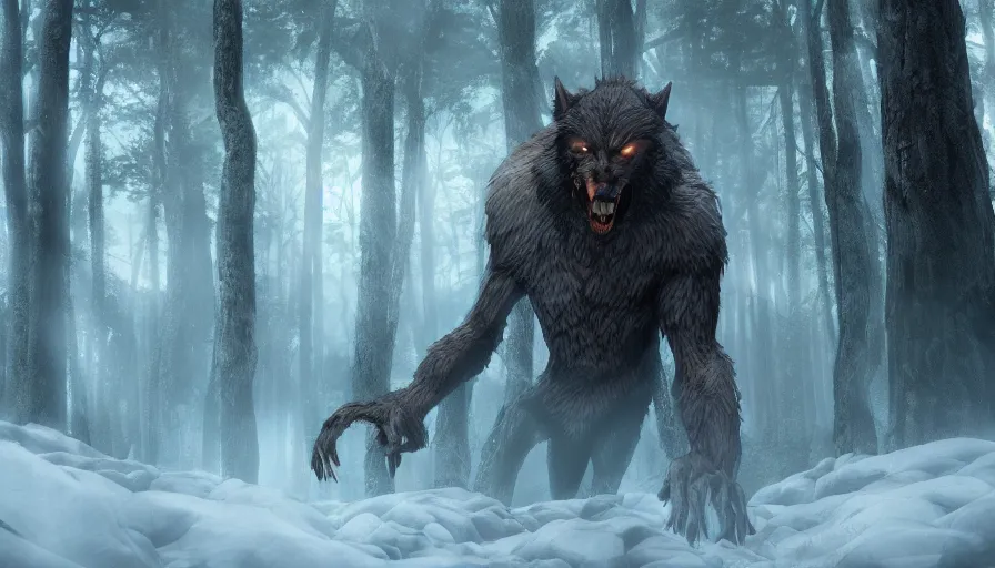 Prompt: Giant werewolf in a dark forest, hyperdetailed, artstation, cgsociety, 8k