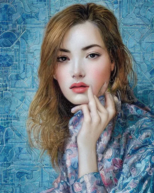 Image similar to a ultradetailed beautiful panting of a stylish woman sitting on the floor in a tiled room, she is wearing an oversized jacket, night time, highly detailed face, oil painting, by tran nguyen