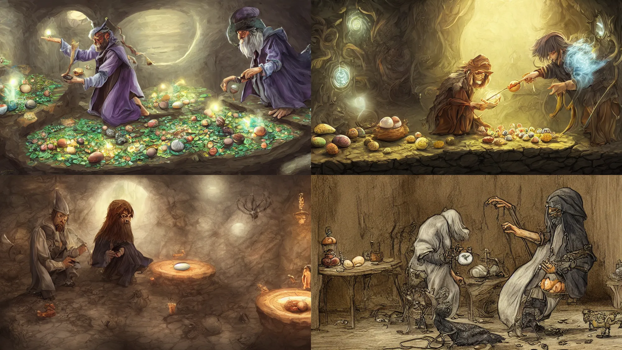 Prompt: wizard examining eggs, digital 2d fantasy art