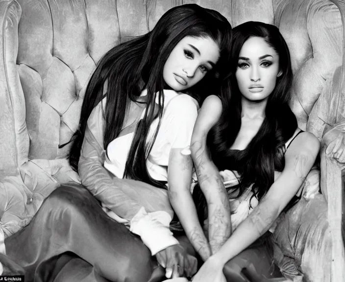 Image similar to award winning photo of Ariana Grande together with Megan Fox sitting on a chesterfield lounge, symmetrical face, wide shot by Sally Mann & Arnold Newman,