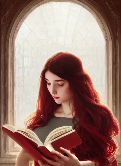 Image similar to perfectly - centered - portrait of a girl reading a book, white long hair with red motives, intricate, highly detailed, digital painting, artstation, concept art, smooth, sharp focus, illustration, unreal engine 5, 8 k, art by artgerm and greg rutkowski and alphonse mucha