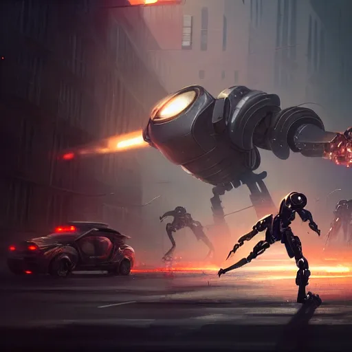 Prompt: commission of a robot chasing thugs.dramatic,character design by charles bowater,greg rutkowski,ross tran,hyperdetailed,hyperrealistic,4k,deviantart,artstation,professional photography,concept art,dramatic