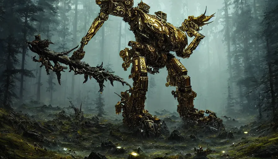 Image similar to large walking mech covered in gold and silver armor with elden ring aesthetic, covered in moss and birds, glowing lights, beautiful forests and trees, intricate detail, epic wallpaper, art by darek zabrocki and John Park and Feng Zhu and Jason Chan, trending on artstation, masterpiece.