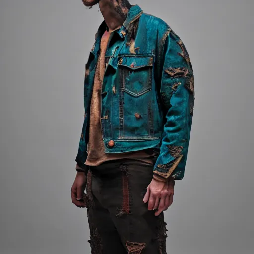 Prompt: an award - winning closeup photo of a male model wearing a baggy teal distressed medieval cloth menswear jacket by boris bidjan saberi, 4 k, studio lighting, wide angle lens