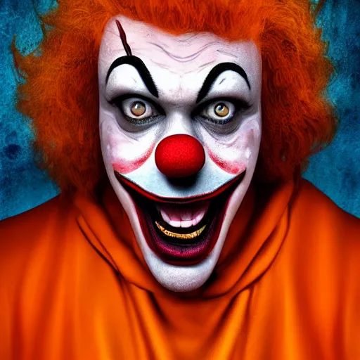 Image similar to profile portrait of a male clown horror, horror movie characters, horror movie icons, orange dawn, hyperrealistic