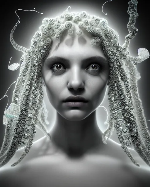 Image similar to surreal mythical dreamy underwater artistic black and white 3 d render of a translucent beautiful young female angelic - medusa - vegetal - doll with her face covered with fish scales, highly detailed, intricate crystal ivy jelly ornate, poetic, translucent algae ornate, digital art, octane render, 8 k artistic photography, photo - realistic, hg giger flora borsi