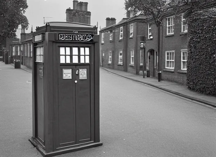 Image similar to photo of a metropolitan police box on a street in suburban london, police box, 1936, sepia