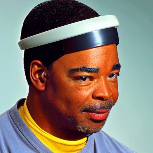 Image similar to Geordi LaForge wearing visor and a colander and random kitchen tools on his head