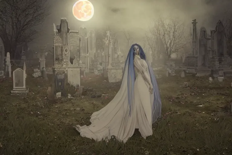 Image similar to an ultra detailed animation of an invisible ghost bride in a graveyard at midnight on halloween, digital art, dark fantasy, concept art, soulslike, by alphonse mucha, blood moon eclipse, ruined building in the background, artstation, 8 k, unreal engine render