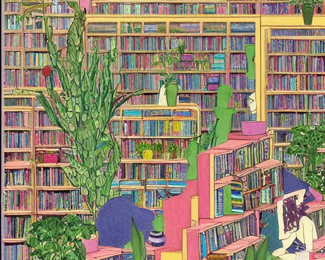 Prompt: bookstore filled with plants and cute monsters detailed pastel painting in the style of george barbier