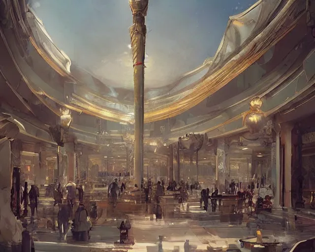 Image similar to a mall in the style of golden age persian empire, art by greg rutkowski and artgerma, stunning concept art, interior design architecture