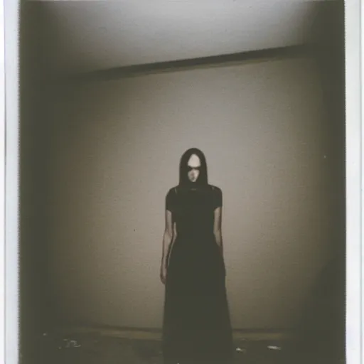 Image similar to polaroid photo of angry reptilian nun staying in front of abandoned mansion, dark, moody, foggy, gloomy