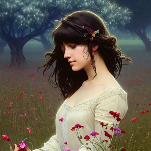 Image similar to a beautiful girl with dark hair and bangs, sitting in a field of flowers, fantasy, intricate, elegant, highly detailed, digital painting, artstation, concept art, matte, sharp focus, illustration, art by Artgerm and Greg Rutkowski and Alphonse Mucha