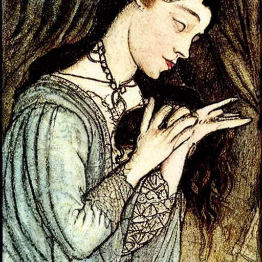 Prompt: anne boleyn crying as she grows bird wings, in the style of arthur rackham