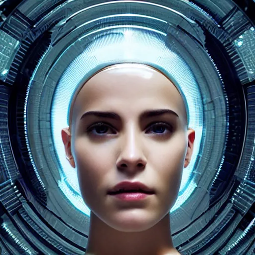 Image similar to portrait of a stunningly beautiful futuristic female robot, from the movie ex machina, depth of field, zeiss lens, detailed, symmetrical, centered, fashion photoshoot, by Annie Leibovitz and Steve McCurry, David Lazar, Jimmy Nelsson, Breathtaking, 8k resolution, extremely detailed, beautiful, establishing shot, artistic, hyperrealistic, beautiful face, octane render