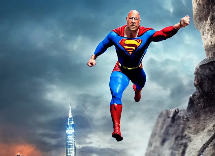 Prompt: film still of dwayne the rock johnson as superman in the new superman movie, 4 k, highly detailed face, detailed eyes