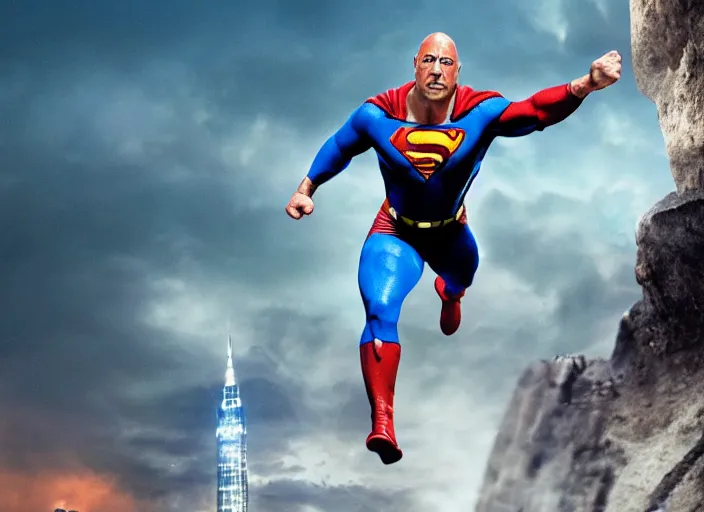 Image similar to film still of dwayne the rock johnson as superman in the new superman movie, 4 k, highly detailed face, detailed eyes