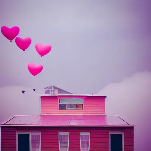 Image similar to dream a 5 0 mm lens photograph of a cute pink floating modern house, floating in the air between clouds, inspired by the movie up, held up from above by heart ballons. mist, playful composition canon, nikon, award winning, photo of the year