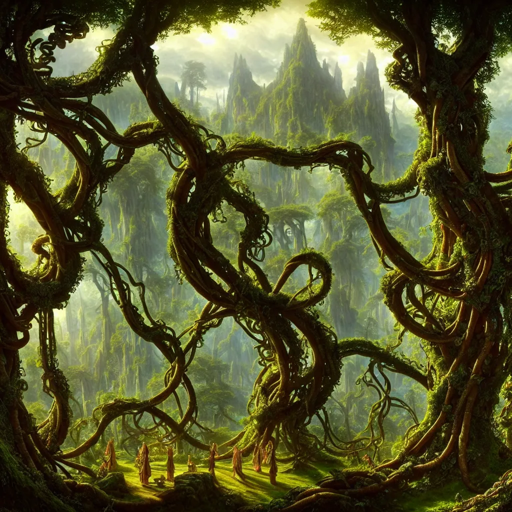 Image similar to a beautiful and highly detailed matte painting of an elven temple in a magical fantasy garden in a lush forest, ancient runes, knotted trees, tangled vines, intricate details, epic scale, insanely complex, 8 k, sharp focus, hyperrealism, very realistic, by caspar friedrich, albert bierstadt, james gurney, brian froud,
