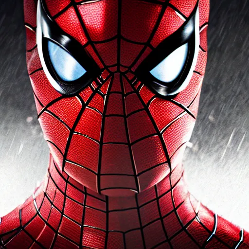 Prompt: Peter Parker as Spiderman , wet face , heavy rain ,dramatic, intricate, highly detailed, concept art, smooth, sharp focus, illustration, Unreal Engine 5, 8K