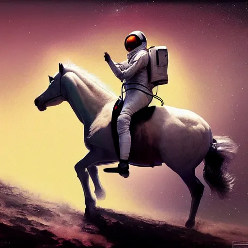 Image similar to a horse on top of a man, the astronaut is carried by the horse, hyperrealism, no blur, 4 k resolution, ultra detailed, style of ron cobb, adolf hiremy - hirschl, syd mead, ismail inceoglu, rene margitte