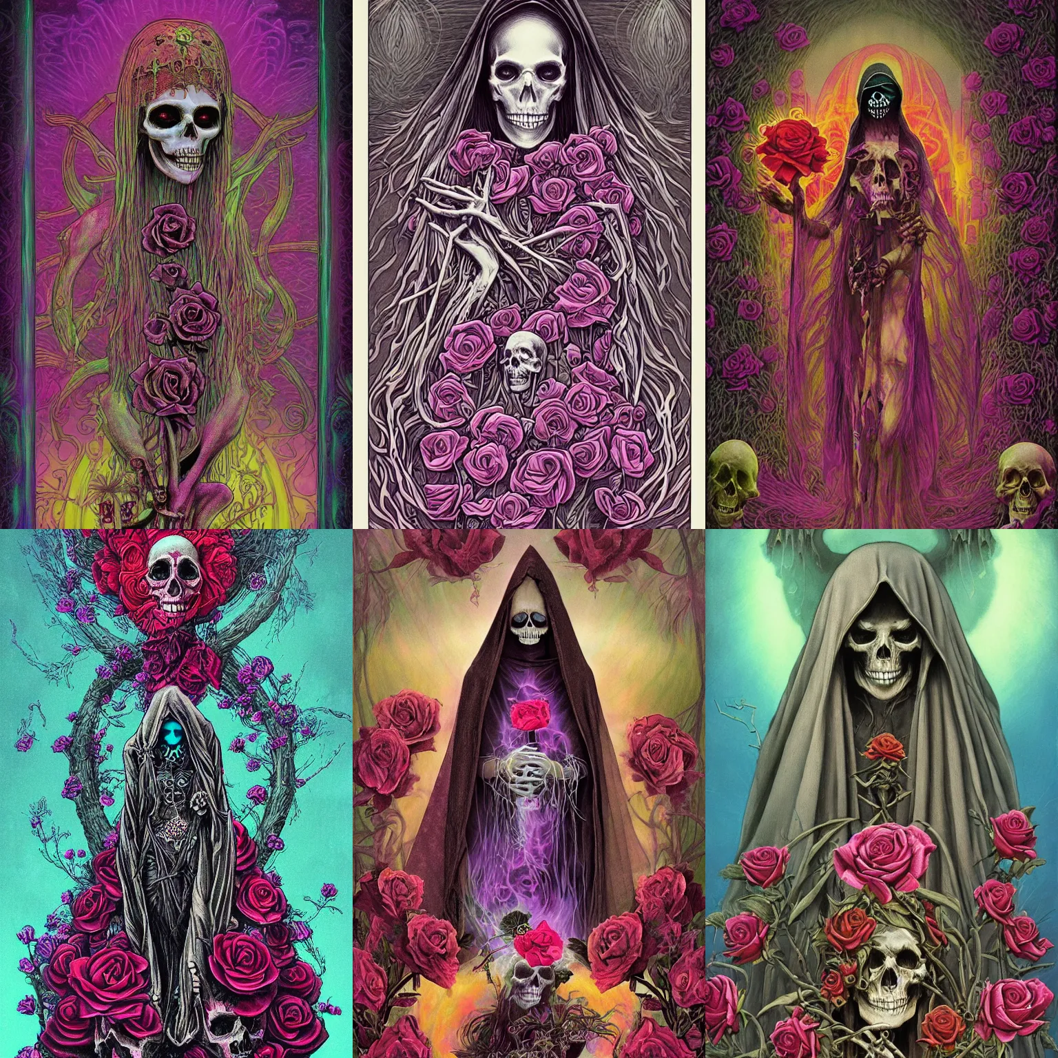 Prompt: Cloaked Gothic Female as the death tarot card, roses, skulls, 4k digital illustration by zdzisław beksiński in the style of Lisa Frank, Tarot Card, occult, iconography, intricate border designs, Artstation