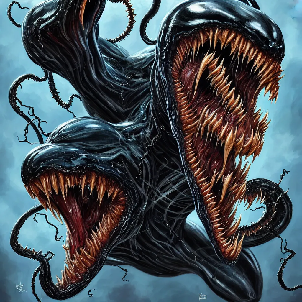 Prompt: venom from marvel comics!!!!, large mouth with teeth, lovecraftian horror!, surrealism, fantasy, intricate, elegant, highly detailed, digital painting, artstation, concept art, matte, sharp focus, illustration, art by keith thompson and christopher lane