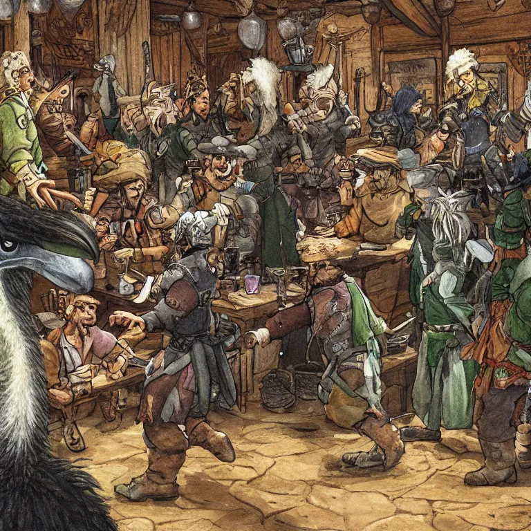 Image similar to an emu in the middle of a crowded halfling tavern, fantasy rpg book illustration