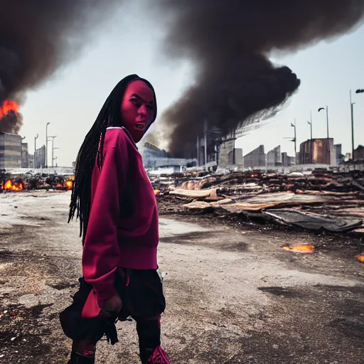 Image similar to photographic portrait of a poor streetwear woman in distress, a futuristic shanty town burns in the background, closeup, sigma 85mm f/1.4, 4k, depth of field, high resolution, 4k, 8k, hd, full color