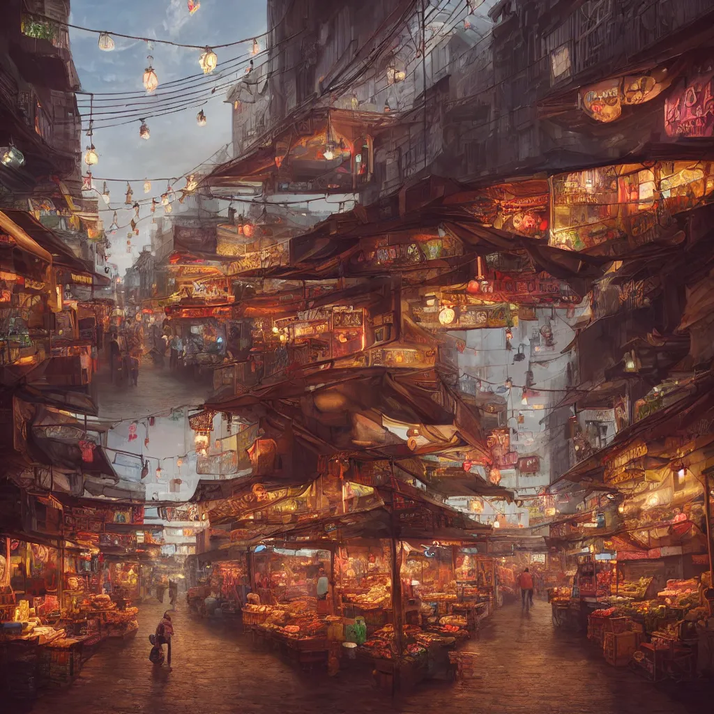 Image similar to A beautiful hyper realistic detailed matte painting of an alleyway market with dimmed neon lighting , trending on artstation, artstationHD, artstationHQ, unreal engine