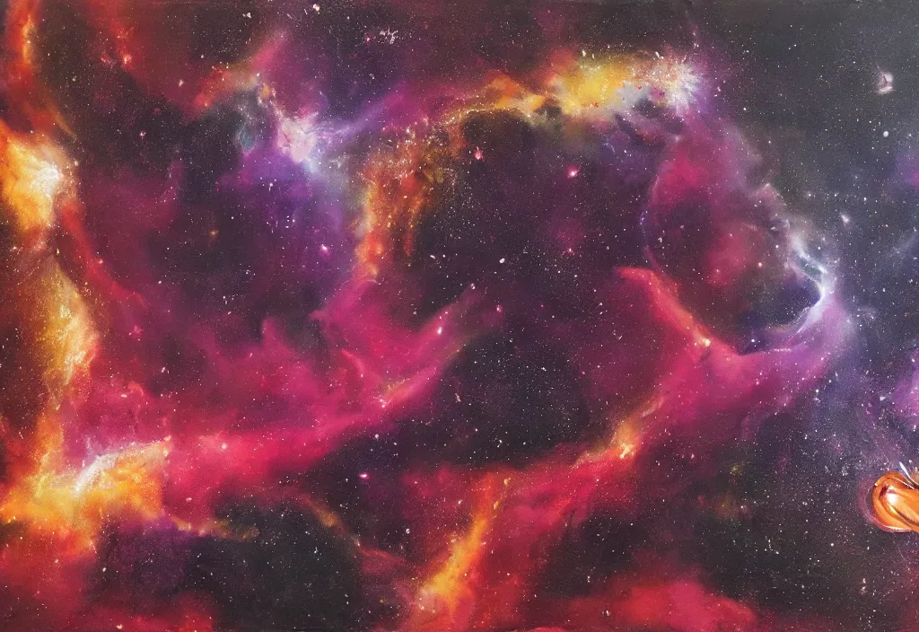 Image similar to A very beautiful and very detailed painting of wine spilling into space and forming a nebula. Trending, Professional, High quality, High resolution, Dynamic