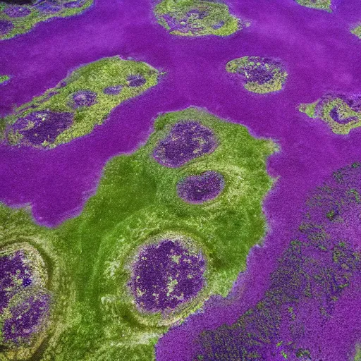 Prompt: landscape covered in purple mold, arial view