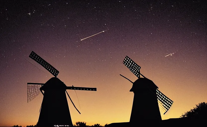 Image similar to “ sunset windmill with meteor shower in the background, cinematic, award winning ”