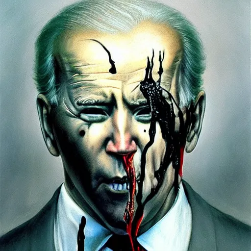 Image similar to presidential portrait of joe biden with oily black fluid pouring from mouth and nose as slenderman, by beksinski, jon mcnaughton, and stephen gammell