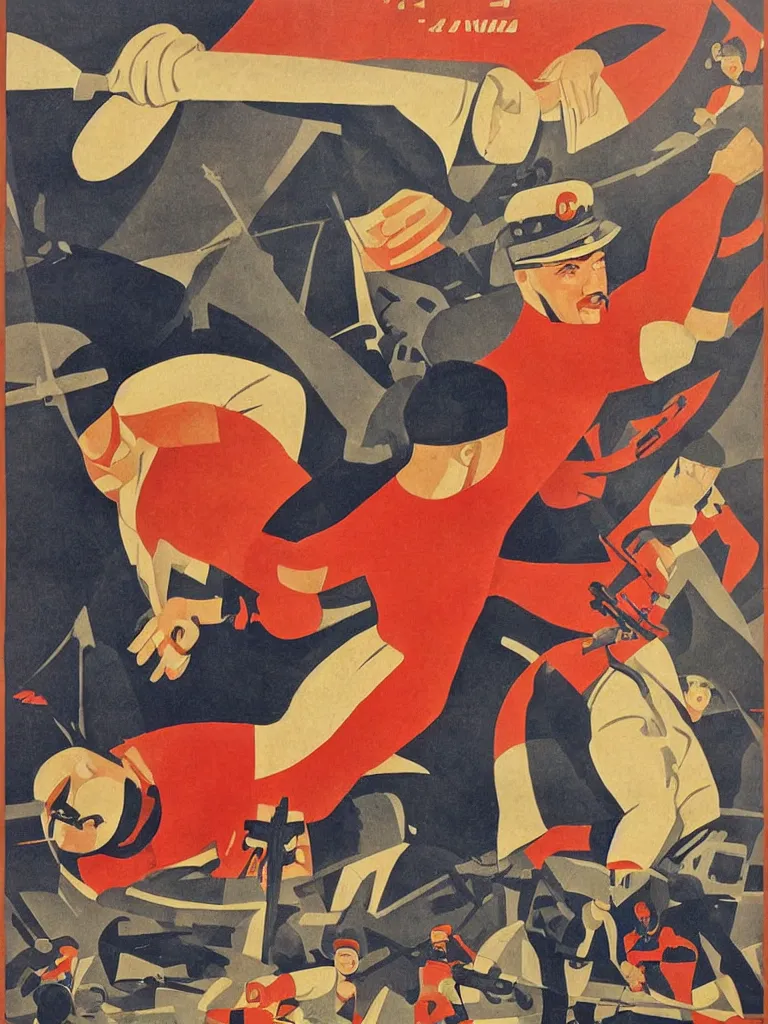 Image similar to russian war propaganda poster of alex ovechkin by miguel covarrubias