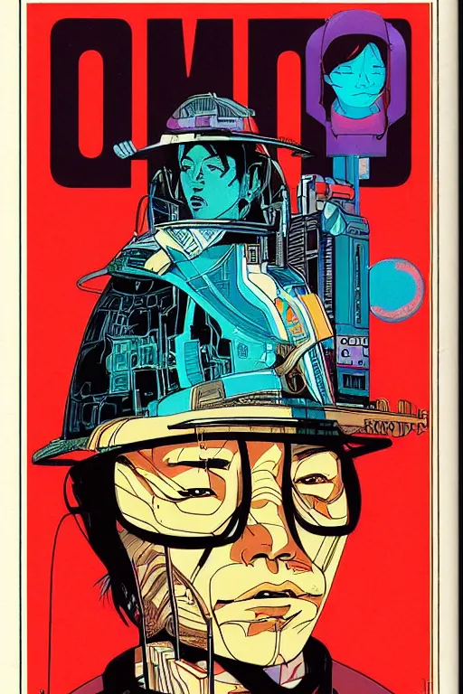 Image similar to 1 9 7 9 omni magazine cover of hiroyuki sanada in a rice hat. stylized cyberpunk art by josan gonzalez.